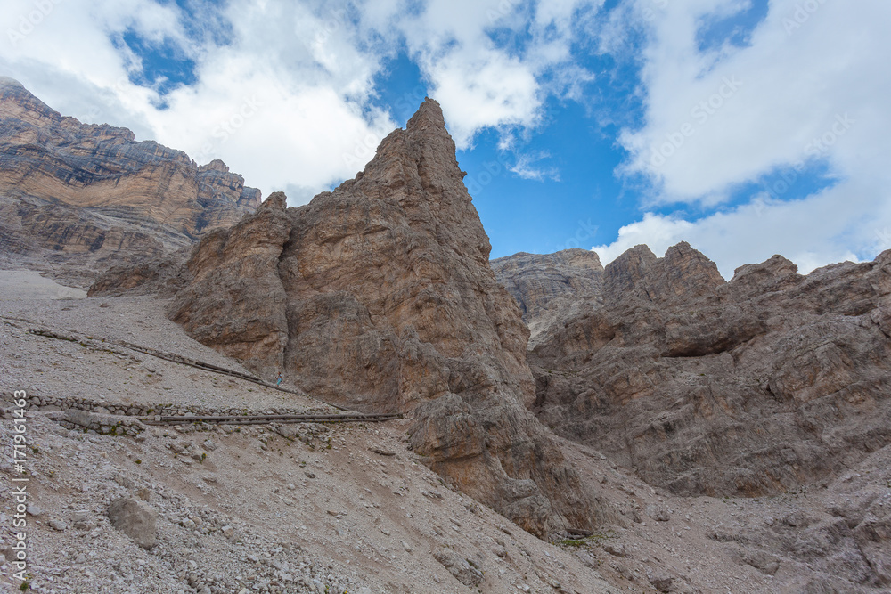 Fototapeta premium Path towards Fontananegra Pass, Dolomites, Cortina d'Ampezzo, Italy