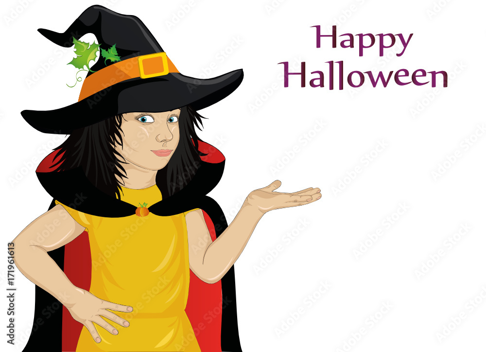 Wow !Halloween. Happy girl in a hat and a witch costume blowing pumpkin from her hands. Vector. Greeting card or invitation for holiday or party. Pop art style. Wow !Halloween. Happy girl in a hat and a witch costume blowing pumpkin from her hands. Vector. Greeting card or invitation for holiday or party. Pop art style.