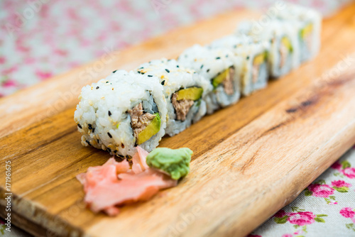 Japanese food Sushi Roll Maki of tuna and avocado