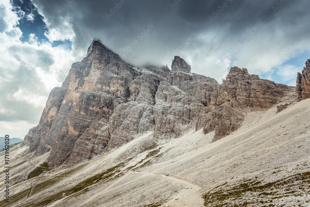 Cloudy panorama of Tofana di Rozes southern wall , Cortina d'Ampezzo, Italy