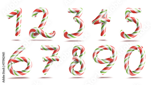 Numbers Sign Set Vector. 3D Numerals. Figures 1, 2, 3, 4, 5, 6, 7, 8, 9, 0. Christmas Colours. Red, Green Striped. Classic Xmas Mint Hard Candy Cane. New Year Design. Isolated On White Illustration