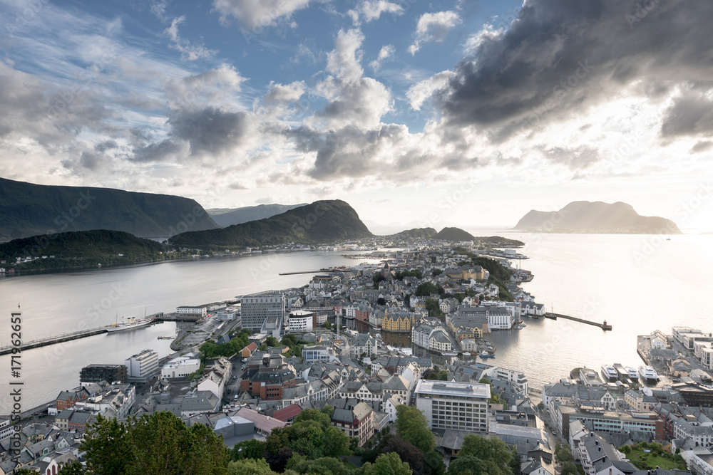 Cityscape image of Alesund at sunset in summer, Norway