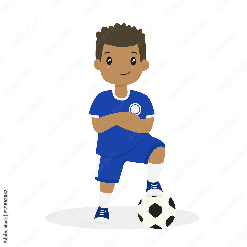 happy African American boy wearing blue soccer jersey, with his arm crossed and his left foot on a soccer ball cartoon vector