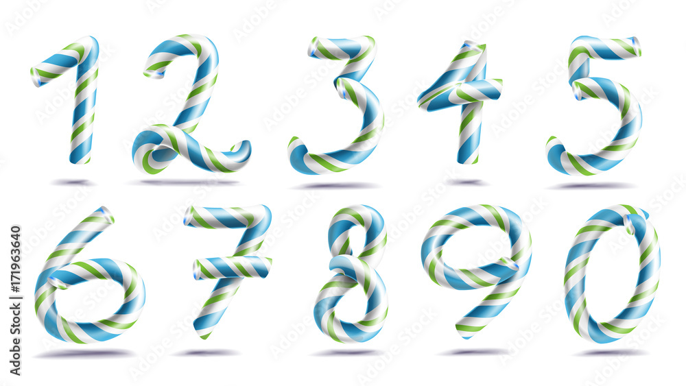 Numbers Sign Set Vector. 3D Numerals. Figures 1, 2, 3, 4, 5, 6, 7, 8, 9, 0. Christmas Colours. Blue, Green Striped. Classic Xmas Mint Hard Candy Cane. New Year Design. Isolated On White Illustration