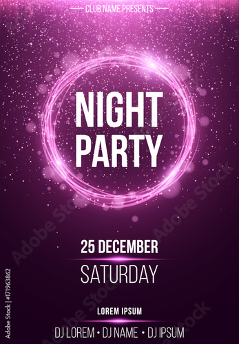Background vertical poster for a night party. Shining purple banner with purple dust. Abstract purple lights. Festive poster. DJ and club name. Vector