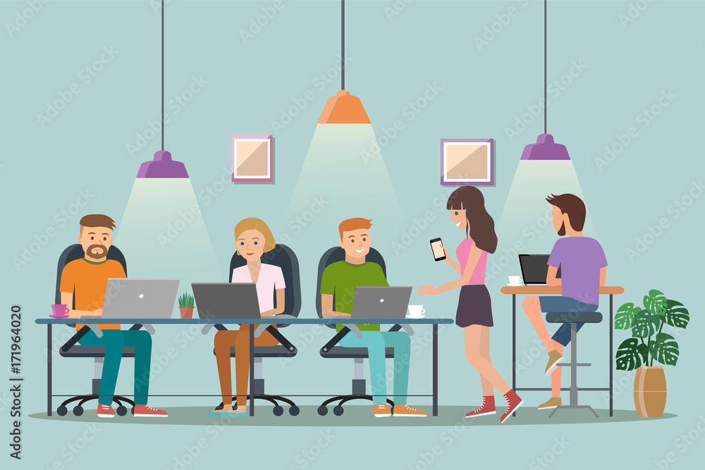 Vector illustration of coworking space. Working place, office. People working in the  office. Flat design.