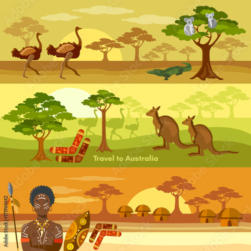 Australia travel banner. Outdoors australia people and animals kangaroo ostrich australians