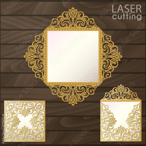 Laser cut square envelope with patterned corners, Template for wedding invitation card. Cutout paper fold card for laser cutting or die cutting. Suitable for greeting cards, invitations, menus.