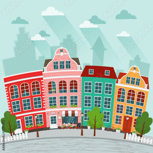 Fototapeta Naklejka Na Ścianę i Meble -  Vector illustration of european town. Flat design. Old houses.