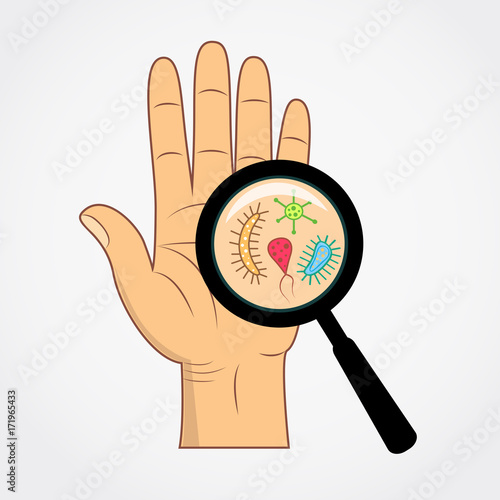 Magnifying glass and bacterial cells on human palm vector illustration.