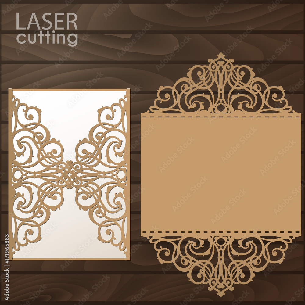 Laser cut wedding invitation card template vector. Die cut paper card