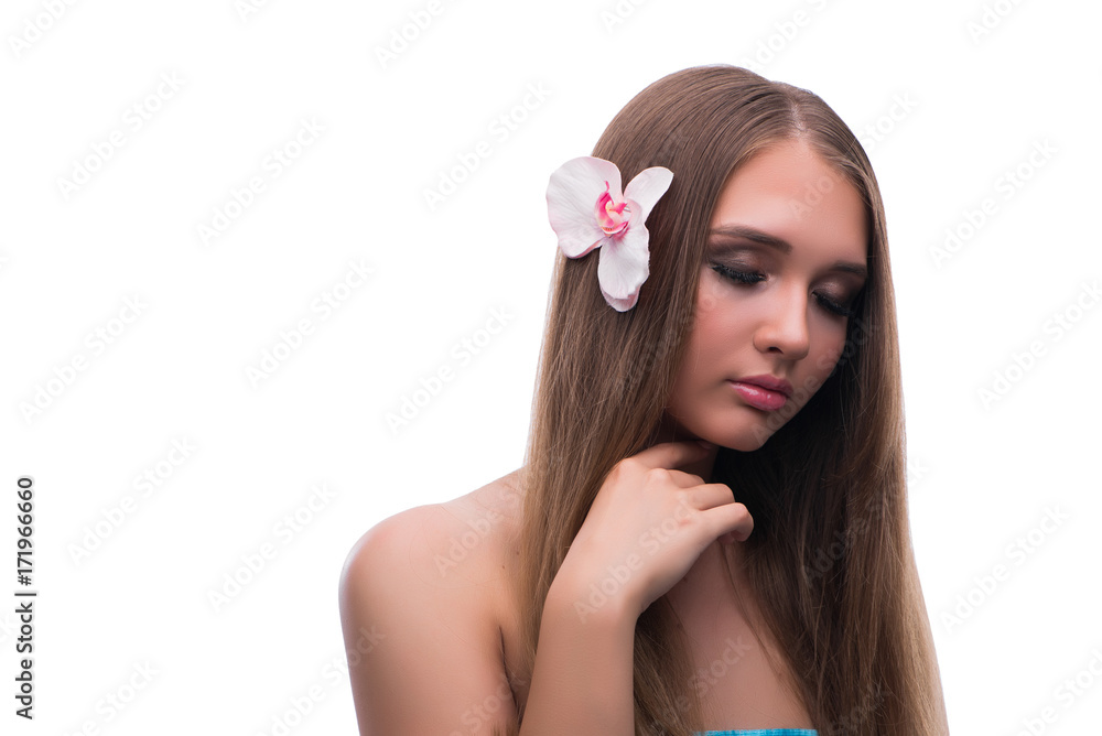 Beautiful young female model with make up posing isolated on whi Beautiful young female model with make up posing isolated on whi