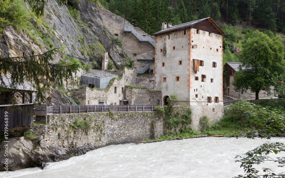 Medieval castle Altfinstermunz, in the valley of the Inn River, European Alps