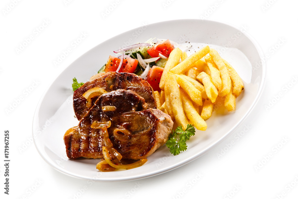 Grilled beefsteak with french fries on white background Grilled beefsteak with french fries on white background