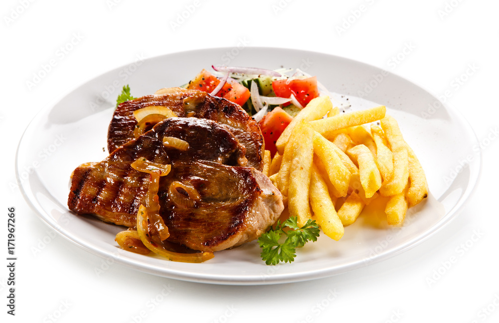 Grilled beefsteak with french fries on white background 