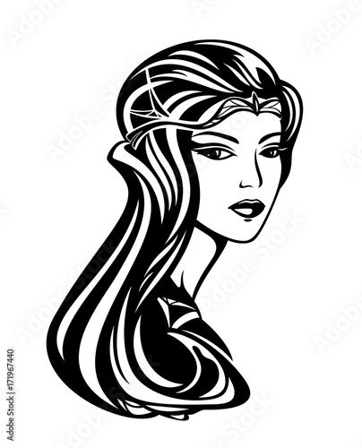 beautiful queen with long gorgeous hair - black and white art nouveau style vector portrait