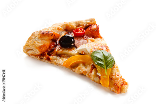 Pizza with ham and feta cheese and vegetables on white background