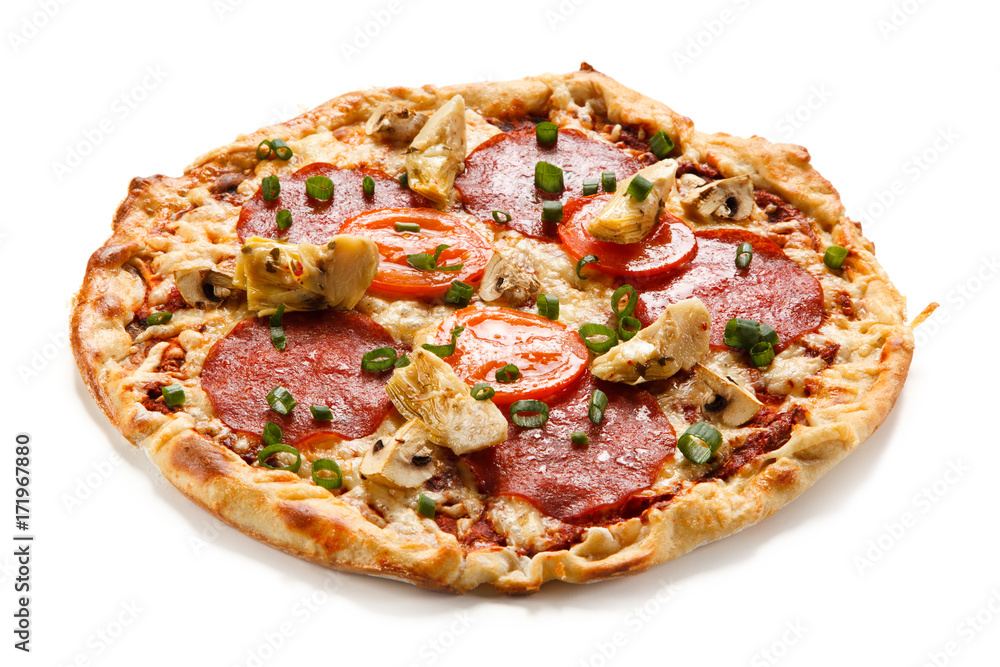 Pizza salami and artichoke on white background 