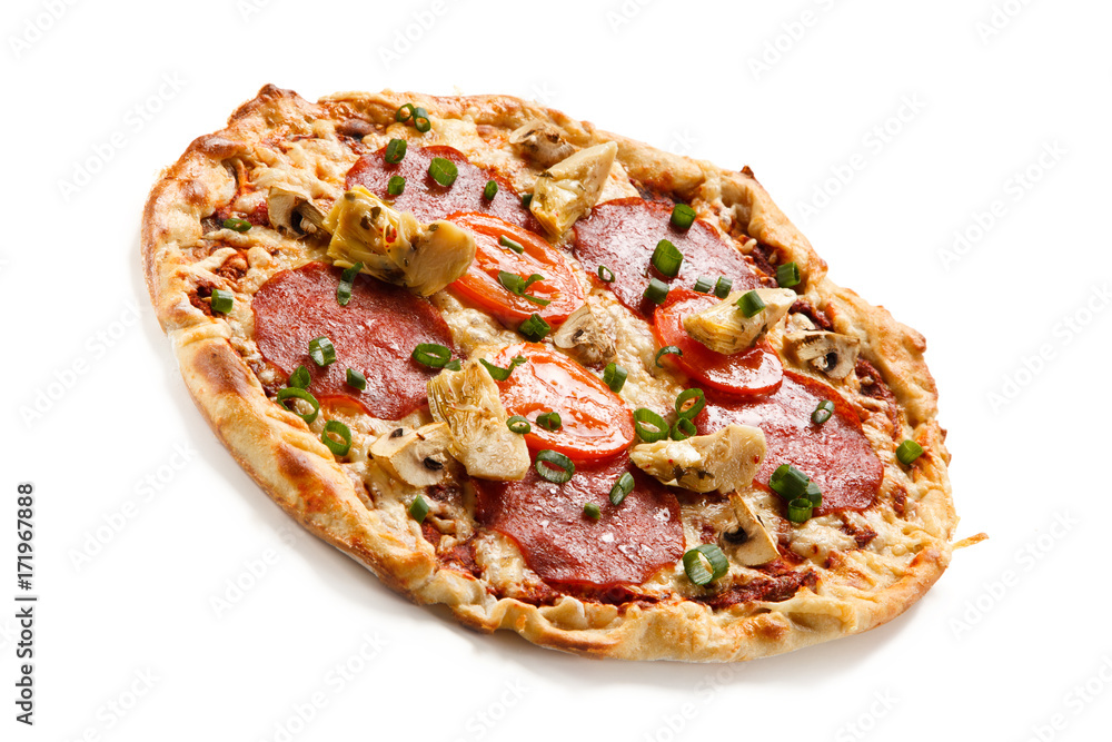 Pizza salami and artichoke on white background Pizza salami and artichoke on white background