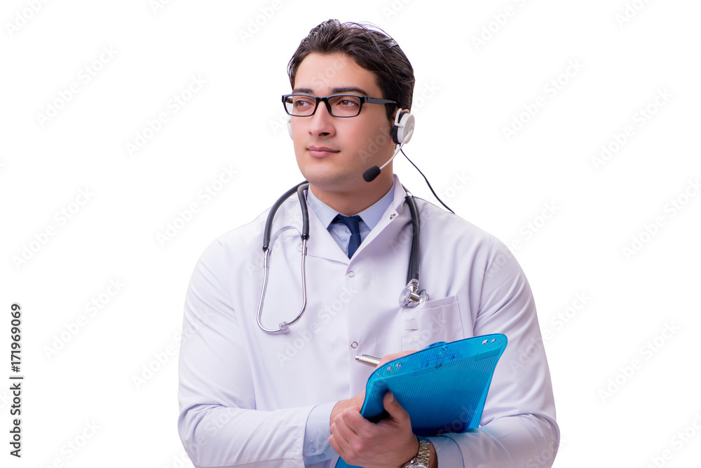Young doctor with phone headset isolated on white Young doctor with phone headset isolated on white