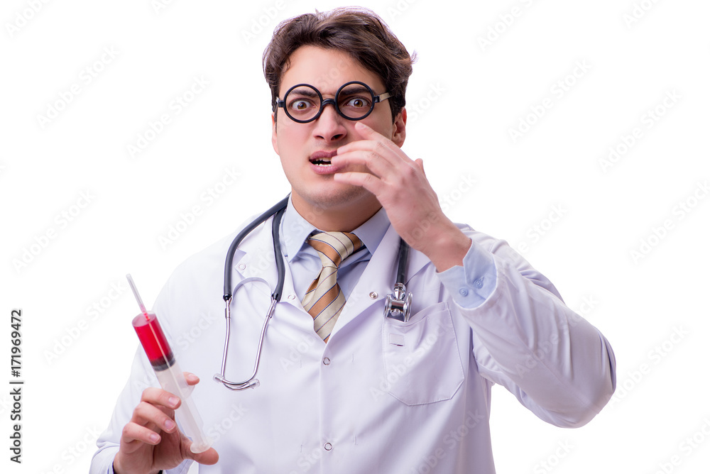 Funny doctor with syringe isolated on white Funny doctor with syringe isolated on white