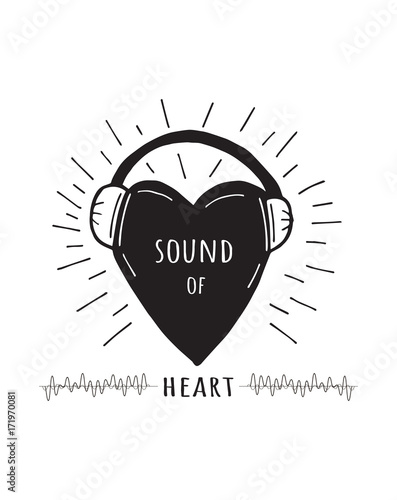 Sound of heart. Vector illustration with heart, headphones and sound waves