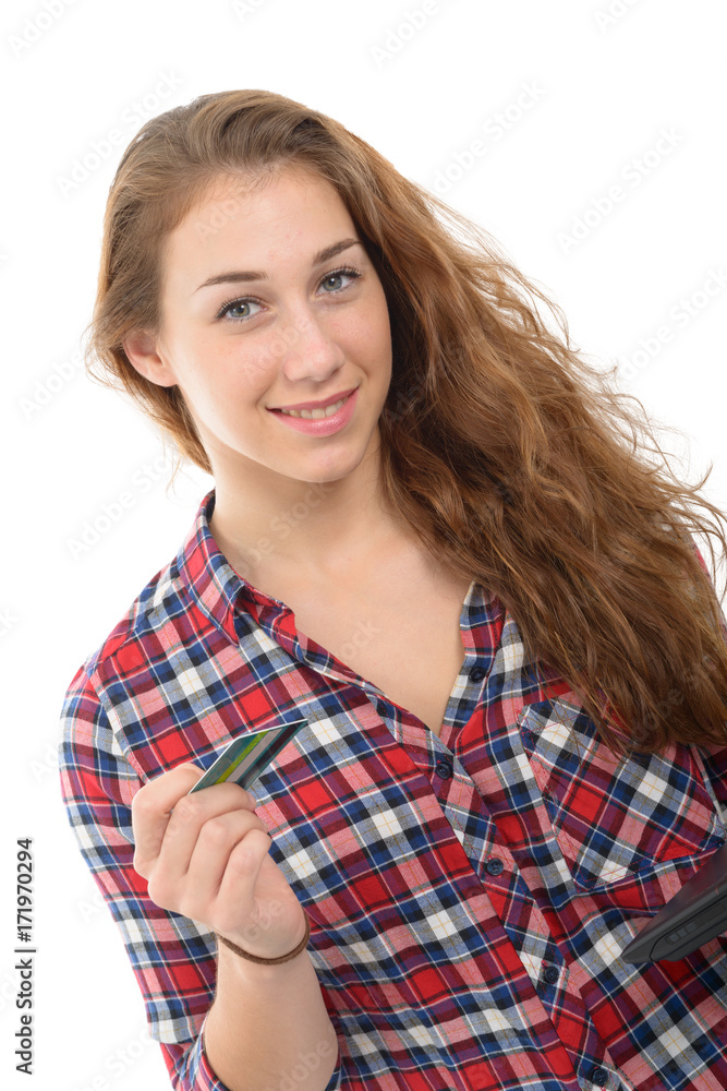Beautiful young woman holding a credit card, on white Beautiful young woman holding a credit card, on white