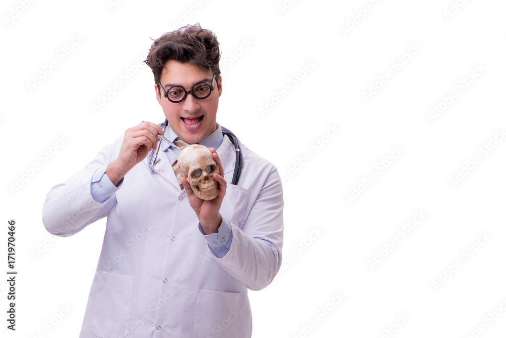 Funny doctor with skull isolated on white Funny doctor with skull isolated on white