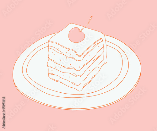 Hand drawn piece of cake on the plate with cherry. Dessert line art on the white background. Birthday cake 