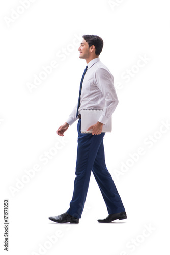 Businessman walking standing side view isolated on white backgro