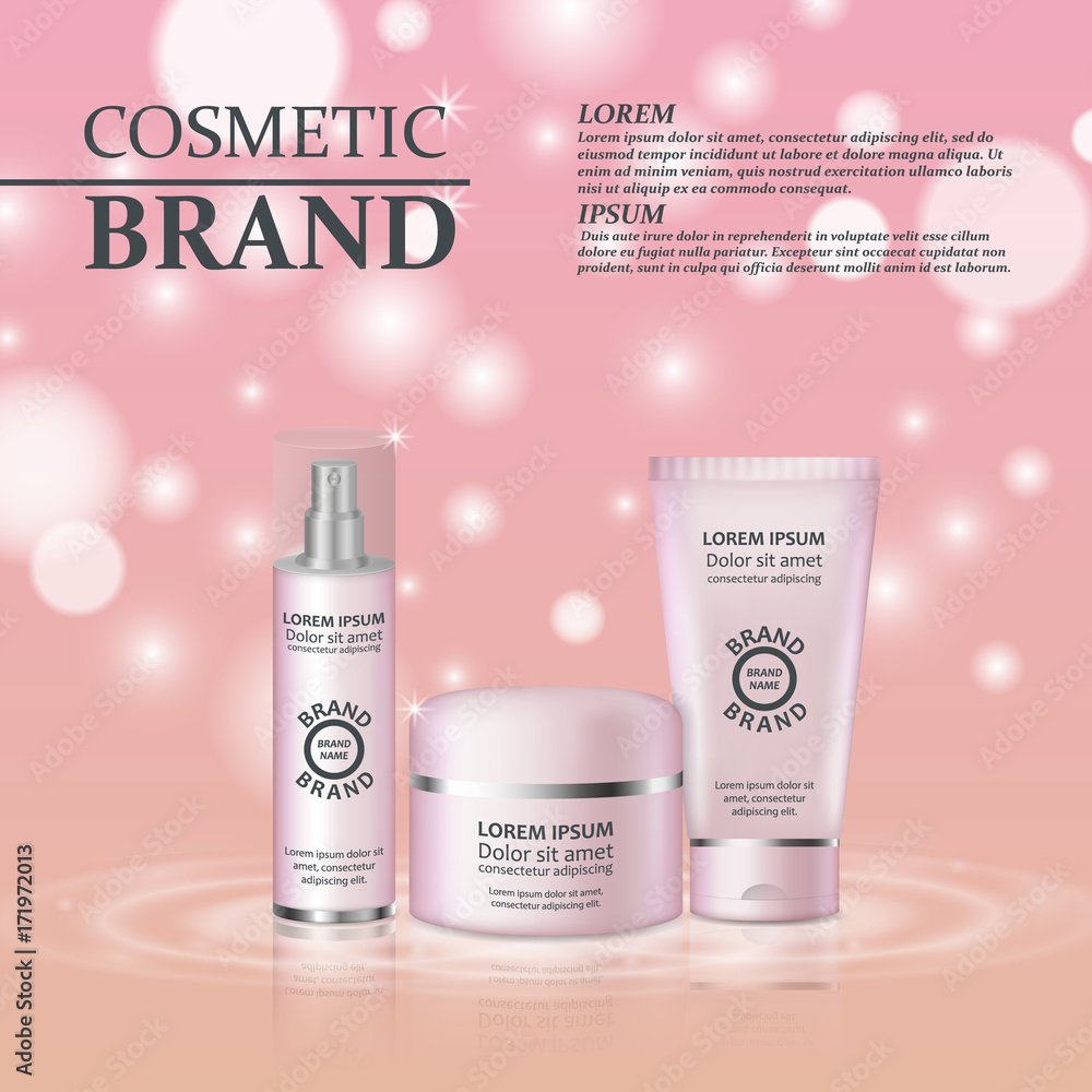3D realistic cosmetic bottle ads template. Cosmetic brand advertising concept design with glitters and bokeh background 3D realistic cosmetic bottle ads template. Cosmetic brand advertising concept design with glitters and bokeh background