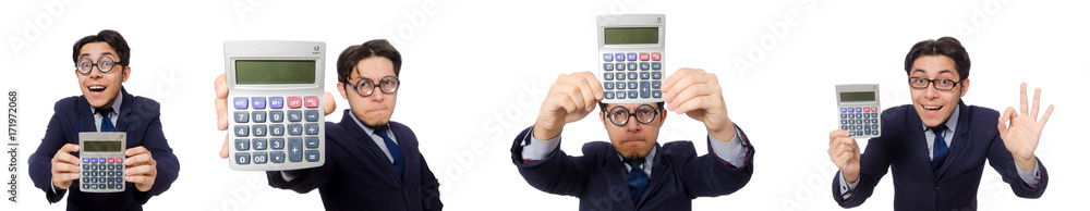 Funny man with calculator isolated on white Funny man with calculator isolated on white