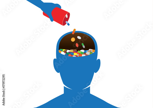 Hand put many medicine into human head. Illustration about effects of Drugs of Abuse on the Brain.