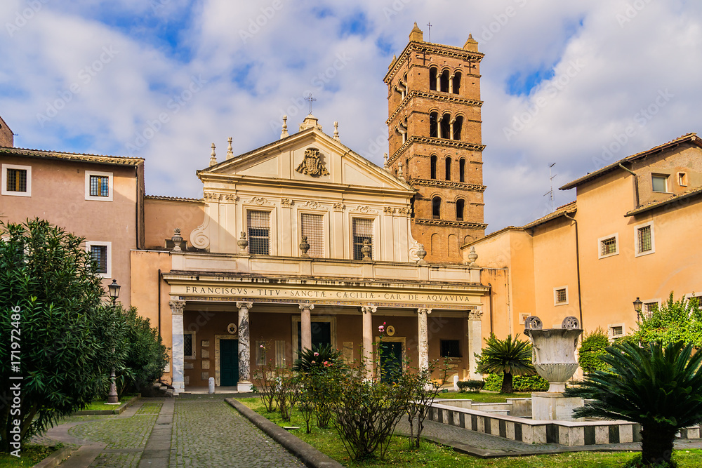 Obraz premium View of Santa Cecilia in Trastevere church Facade. Santa Cecilia is a 5th-century church in Rome, devoted to the Roman martyr Saint Cecilia. Rome, Lazio, Italy, Europe.