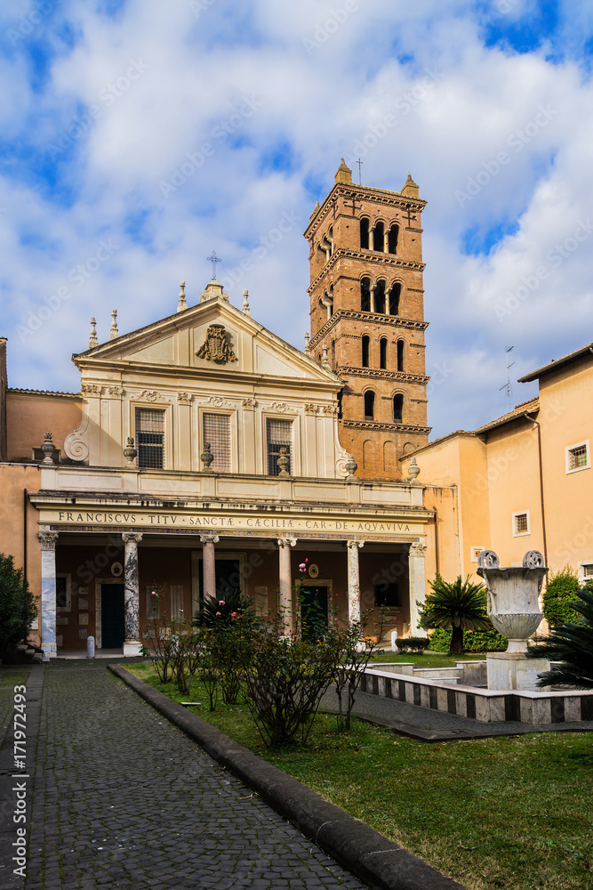 View of Santa Cecilia in Trastevere church Facade. Santa Cecilia is a 5th-century church in Rome, devoted to the Roman martyr Saint Cecilia. Rome, Lazio, Italy, Europe.