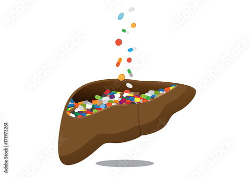 Many medicine falling to human liver on isolated. Illustration about danger of taking medicine overdose.