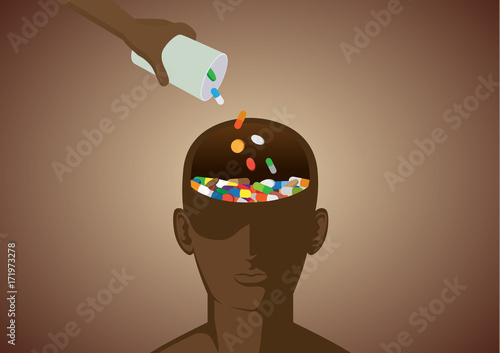 Hand put medicine into human head. Illustration about drug addiction and brain.