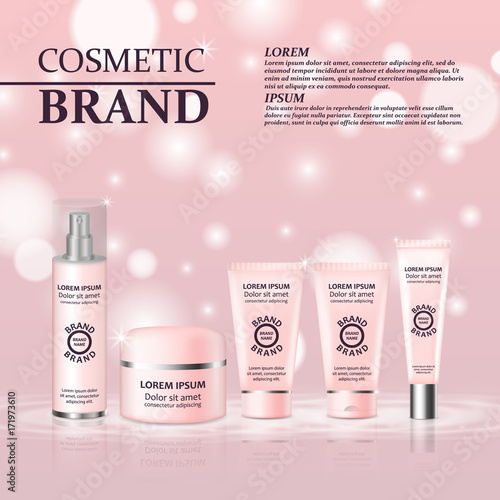 3D realistic cosmetic bottle ads template. Cosmetic brand advertising concept design with glitters and bokeh background
