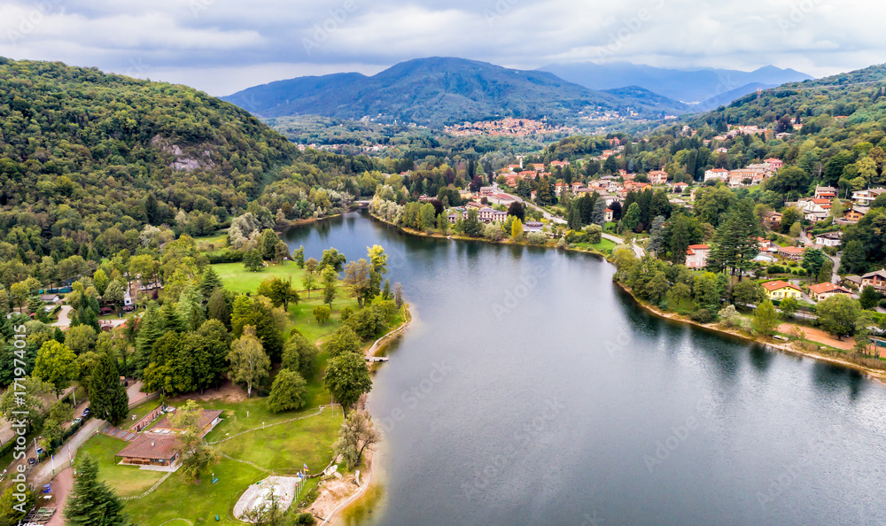 Aerial view of Ghirla lake in province of Varese, Italy