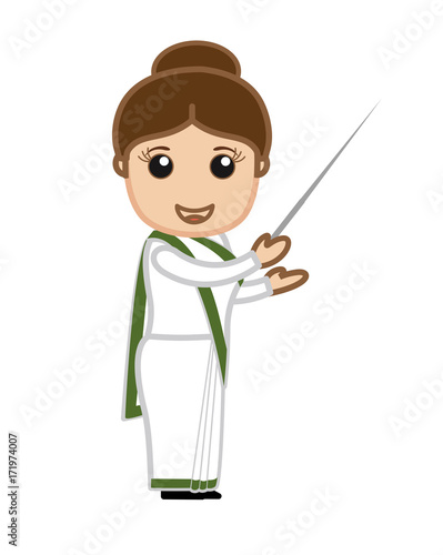 Happy Young Cartoon Lady Holding a Stick Vector