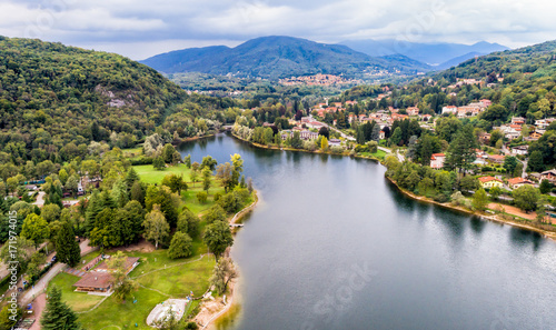 Aerial view of Ghirla lake in province of Varese, Italy © EleSi