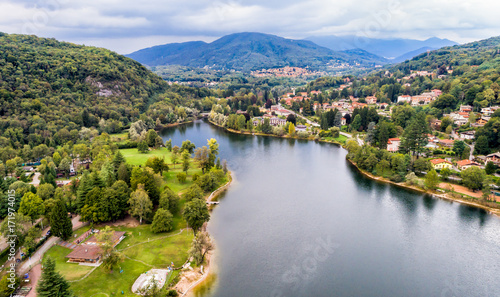 Aerial view of Ghirla lake in province of Varese, Italy