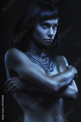 Wallpaper Mural topless girl covering her breast. tattoo on her neck and breast. Torontodigital.ca