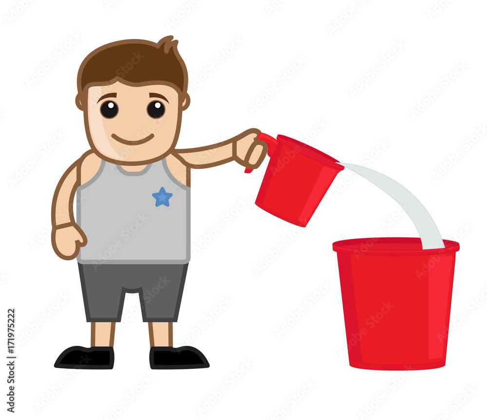 Young Boy Falling Water in Bucket- Clip-art vector illustration