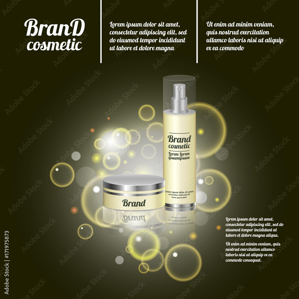 3D realistic cosmetic bottle ads template. Cosmetic brand advertising concept design with bubbles and sparkles