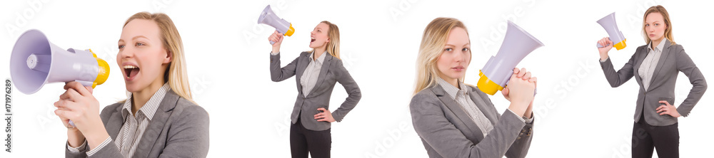 Naklejka premium Businesswoman with bullhorn isolated on white