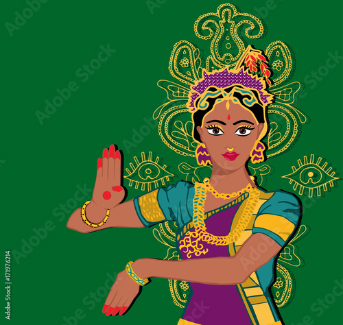 Indian girl portrait.hand with lotus.Mehndi.Puranas.Sanskrit.Sari. green background