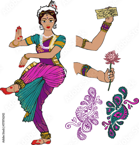 Indian girl.dancer.hand with lotus.Mehndi.Puranas.Sanskrit.Sari