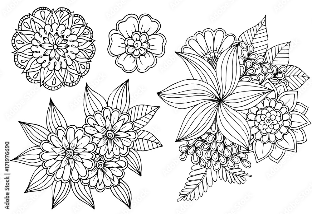 Black and white set of doodle flower elements for design or coloring - obrazy, fototapety, plakaty 