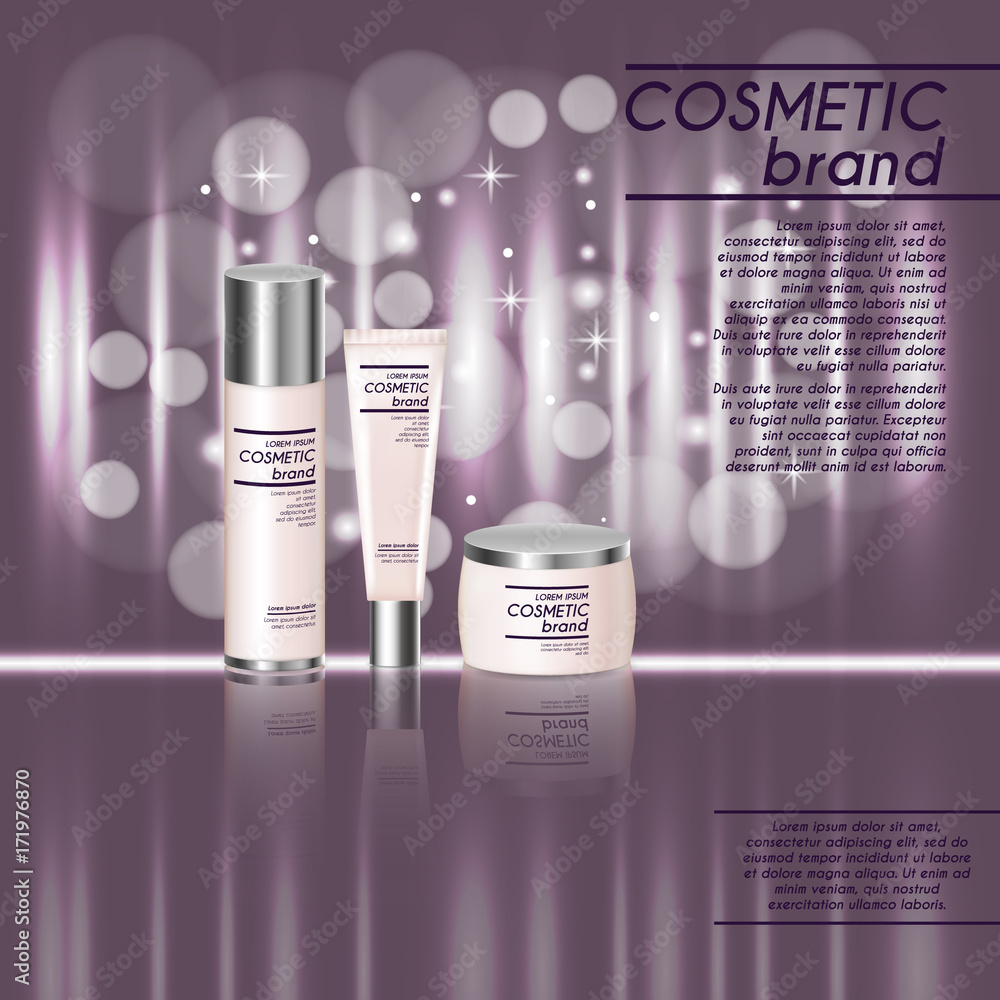 3D realistic cosmetic bottle ads template. Cosmetic brand advertising concept design with glitters and bokeh background 3D realistic cosmetic bottle ads template. Cosmetic brand advertising concept design with glitters and bokeh background